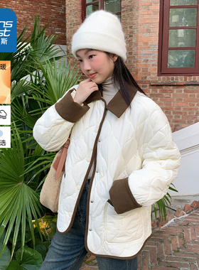 JR真维斯女装小清新白色绗棉撞色翻领棉服2025冬季新品保暖棉袄女