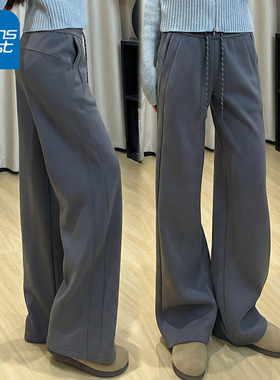 KV真维斯窄版阔腿裤女2026新款春秋季高腰直筒裤灰色百搭运动卫裤