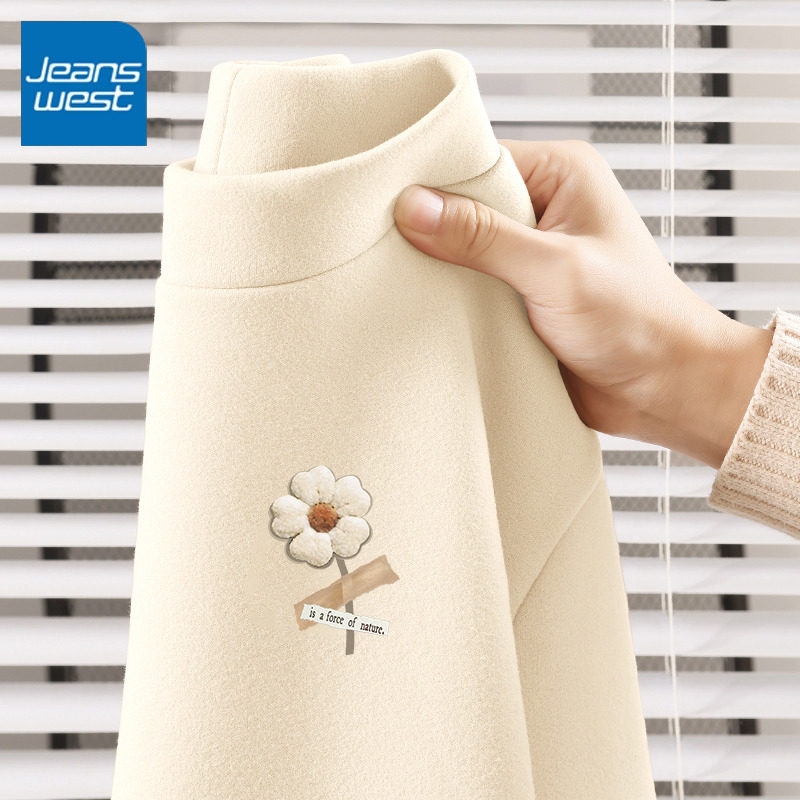 KYV真维斯杏色薄绒打底衫2025新款双面加绒磨毛长袖t恤半高领