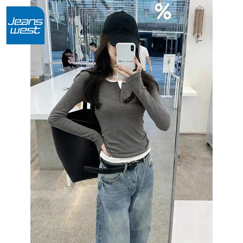 KV真维斯假两件长袖t恤女2025新款春秋款美式ins风修身内搭