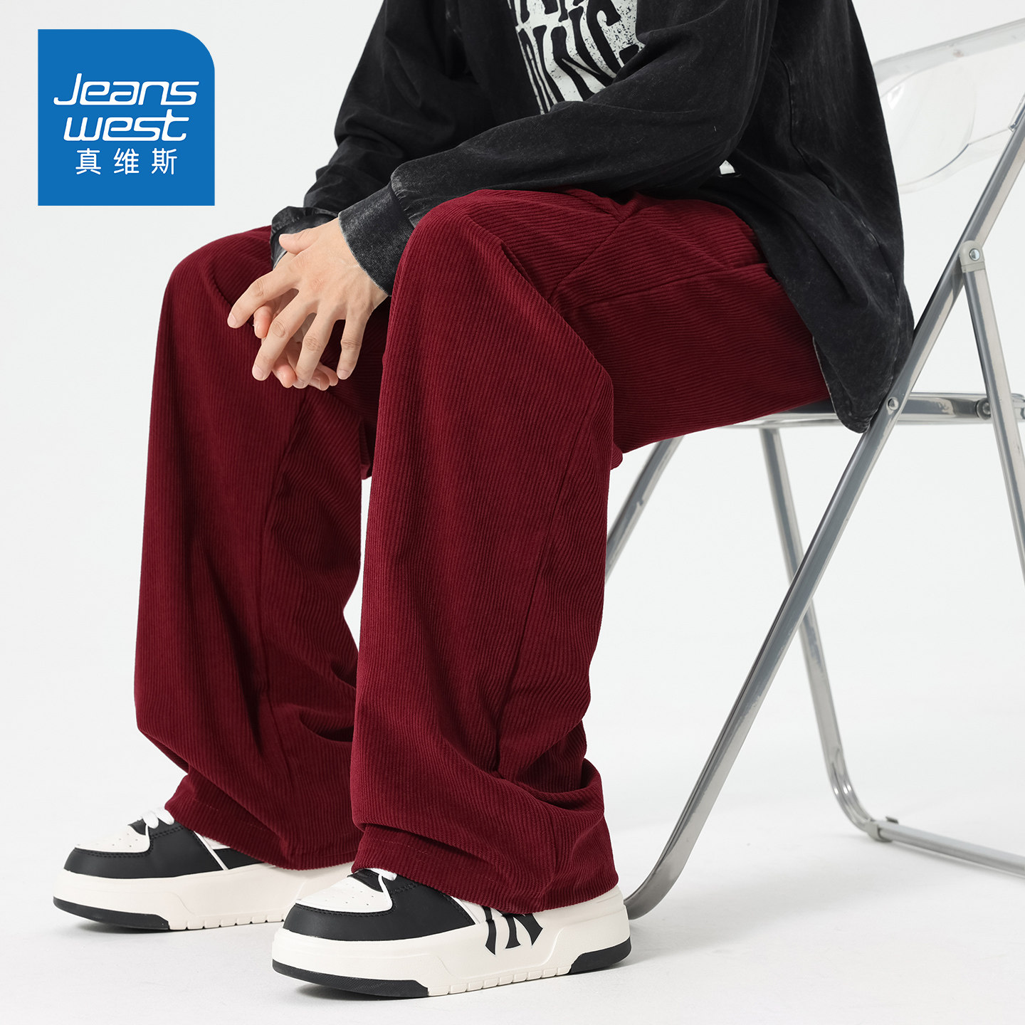 KZH真维斯灯芯绒休闲裤男秋冬新款宽松直筒裤潮牌酒红色阔腿长裤,男装,休闲裤,淘宝优惠券,粉丝福利购,淘宝优惠卷