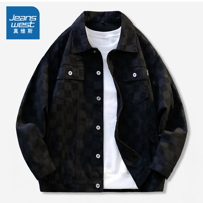 港风潮流棋盘格印花宽松牛仔外套