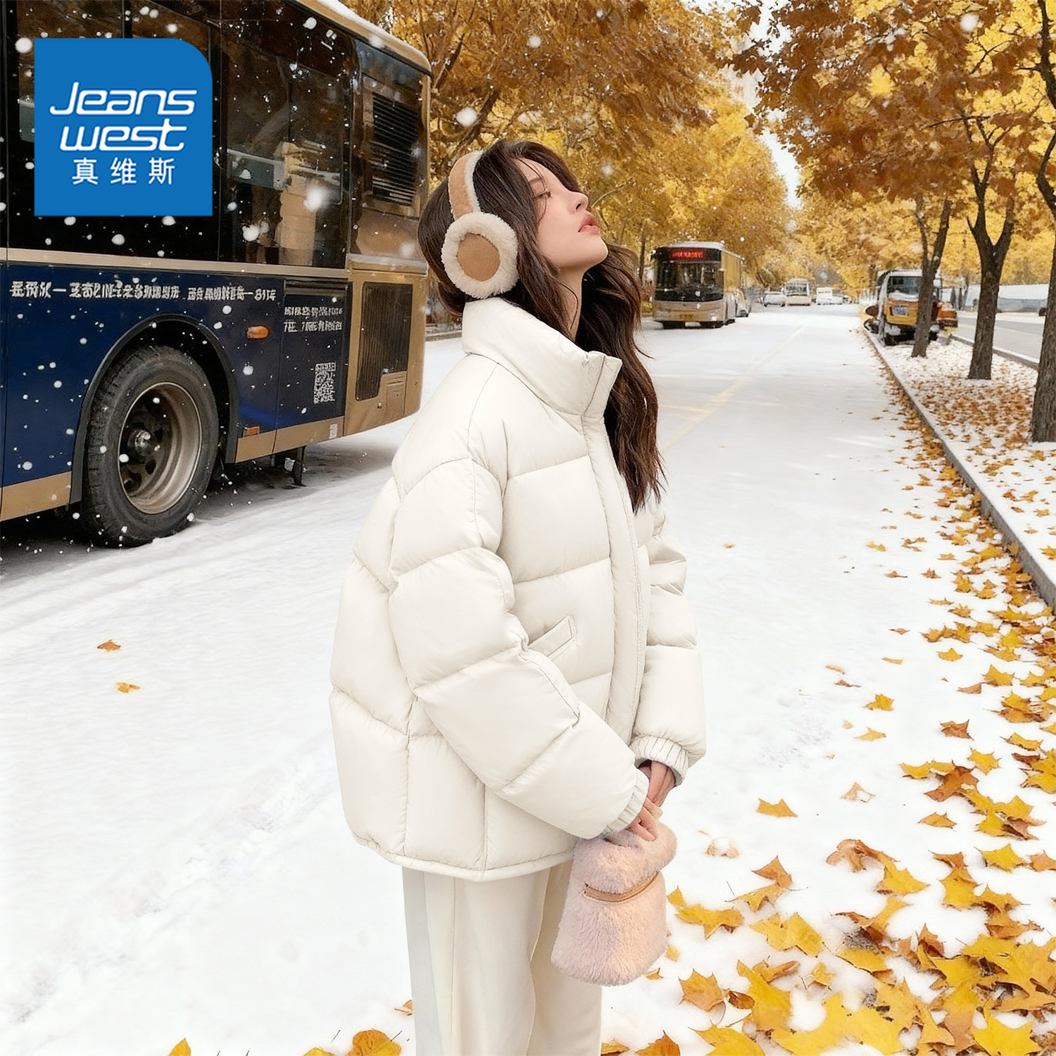 真维斯白色加厚棉服女款2025新款