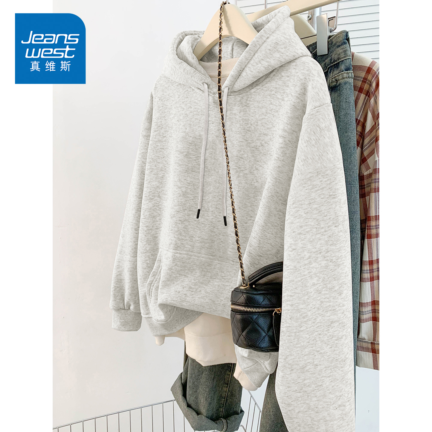 NG真维斯女装浅灰色连帽卫衣女款2025秋季纯色百搭休闲外套打底衫