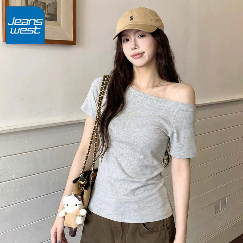 KCV真维斯斜肩上衣女夏季2026新款高级露肩白色短袖t恤宽松一