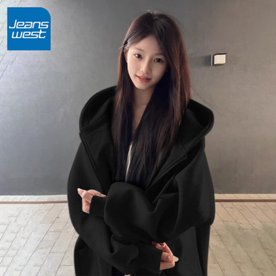 KYV真维斯黑色卫衣外套女春秋2025新款韩系穿搭连帽宽松开衫上衣