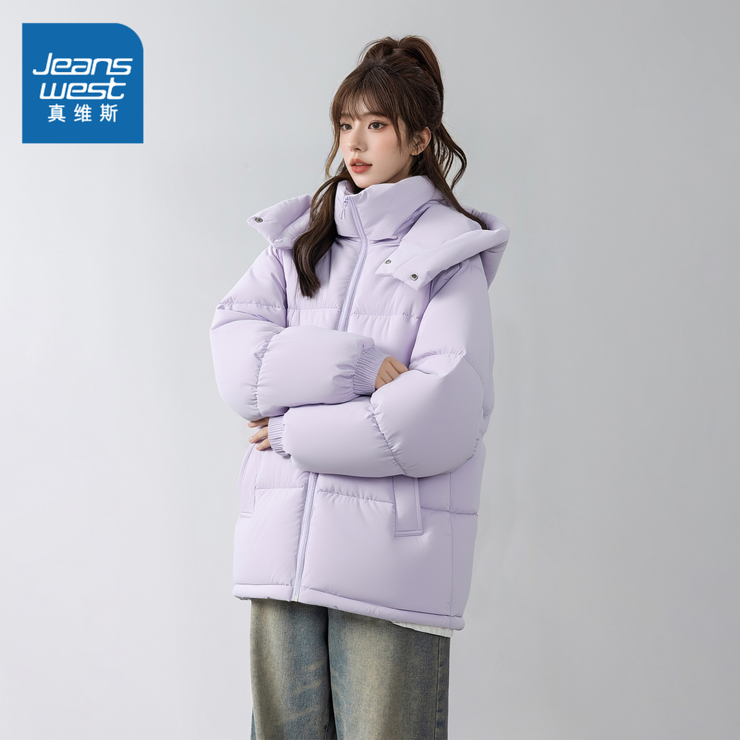 真维斯紫色保暖轻薄连帽小棉袄女