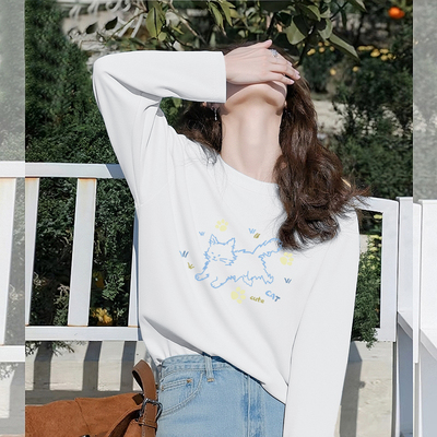 真维斯蓝色长袖t恤纯棉宽松上衣