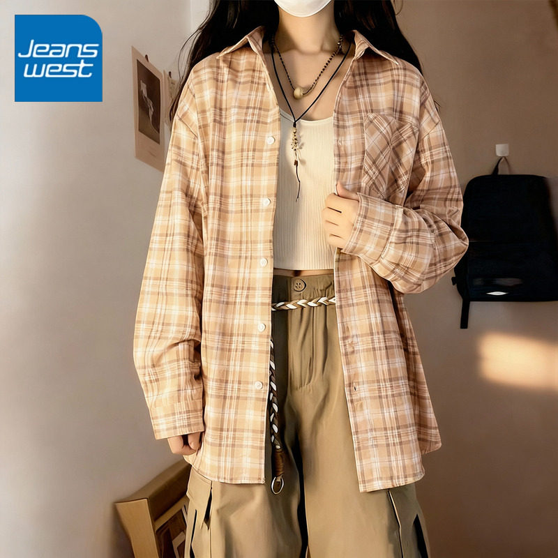 KCV真维斯美式复古格子衬衫女2026春夏新款慵懒长袖衬衣外套上衣,女装/女士精品,衬衫,淘宝优惠券,粉丝福利购,淘宝优惠卷