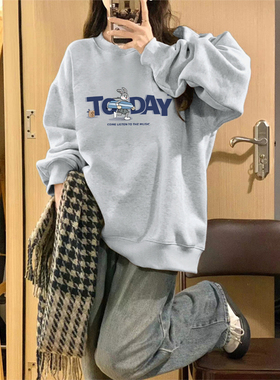 NOW真维斯灰色圆领卫衣女2026新款春季小个子宽松大码长袖上衣女