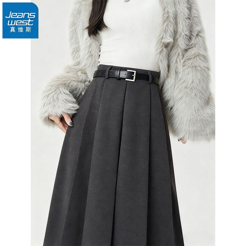 KHV真维斯毛呢百褶半身裙女2025新款秋冬季伞裙中长款高腰a字