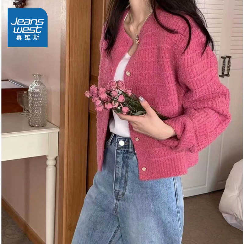 LE真维斯流行女装宽松圆领毛衣外套 2026春季新品潮流短款开衫