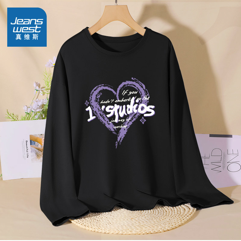JR真维斯2025年秋季新款黑色长袖T恤女纯棉宽松显瘦上衣休闲女装