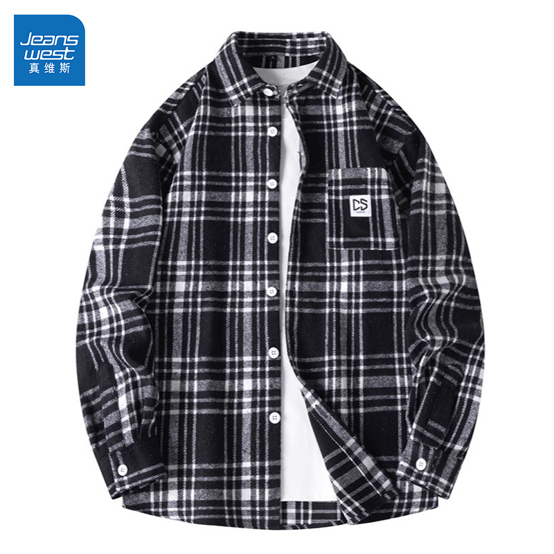 GL真维斯黑白格子衬衫宽松休闲