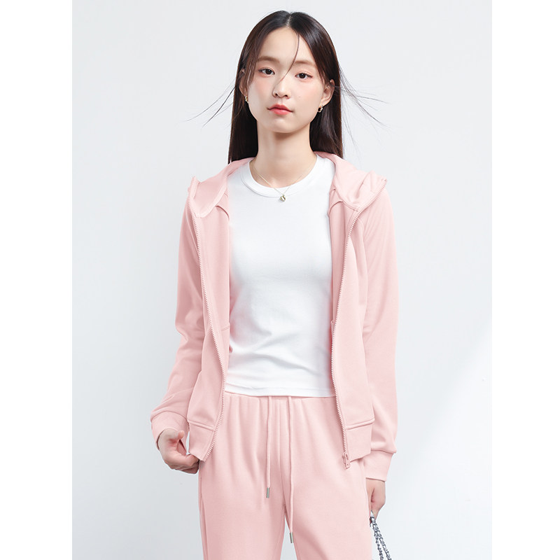 KWV真维斯粉色连帽卫衣外套女秋款2024新款爆款开衫收腰显瘦上