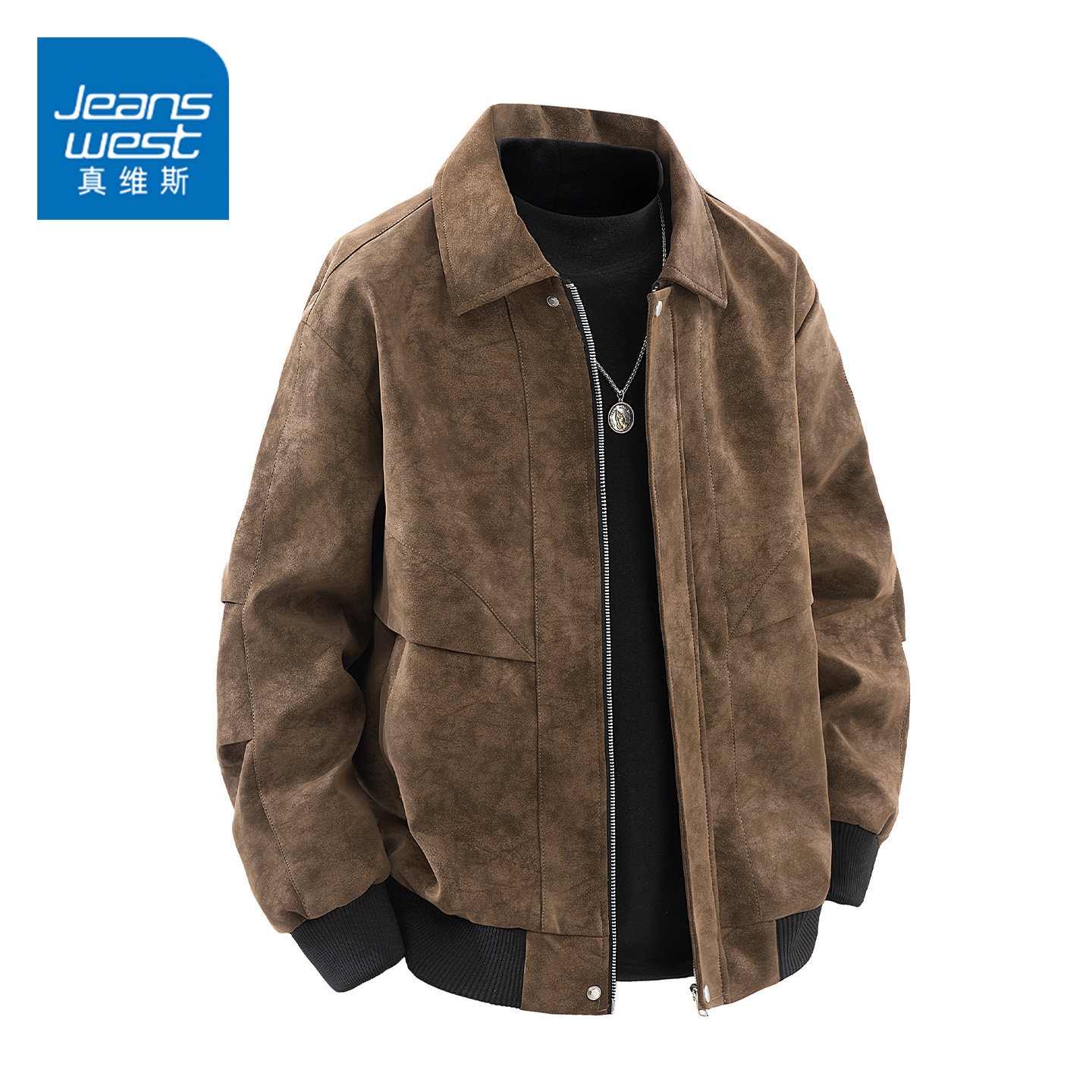 GQ真维斯绒感皮翻领夹克男士青年新款宽松休闲高端秋冬季外套上装