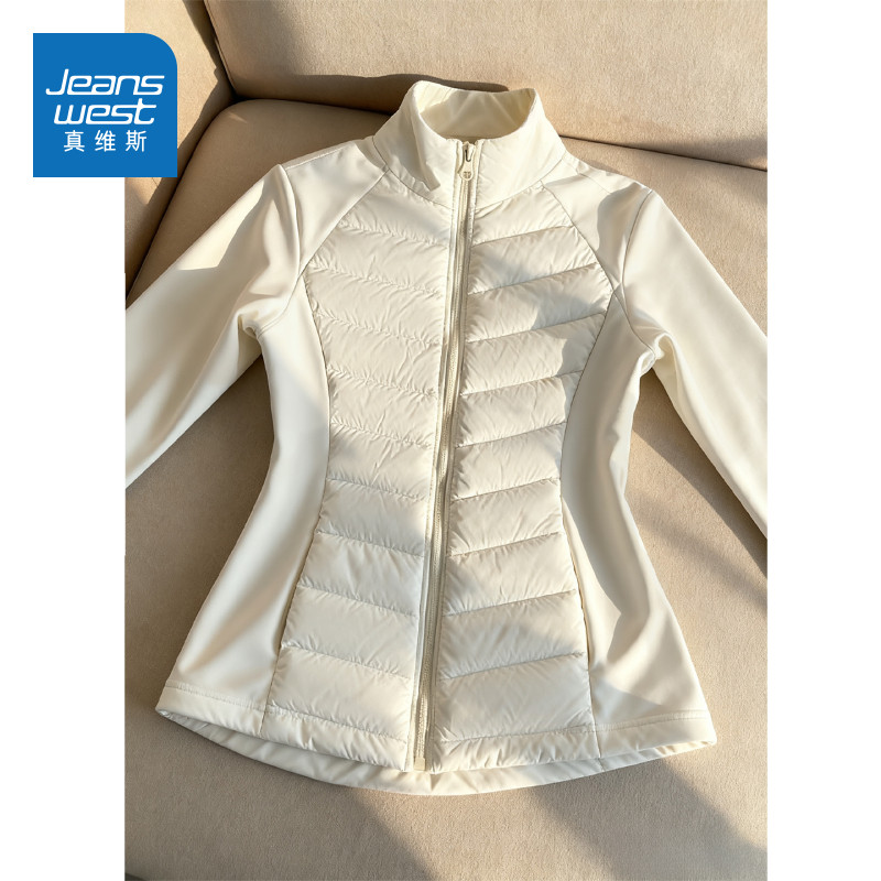 JR真维斯轻薄棉服内胆女2025新款冬白色修身外套排骨拼接立领上