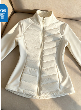 JR真维斯轻薄棉服内胆女2025新款冬白色修身外套排骨拼接立领上衣