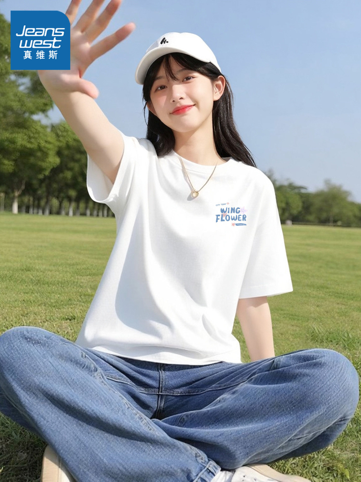 KMV真维斯短袖上衣女夏2026新款白色纯棉宽松大码慵懒风初中生t恤