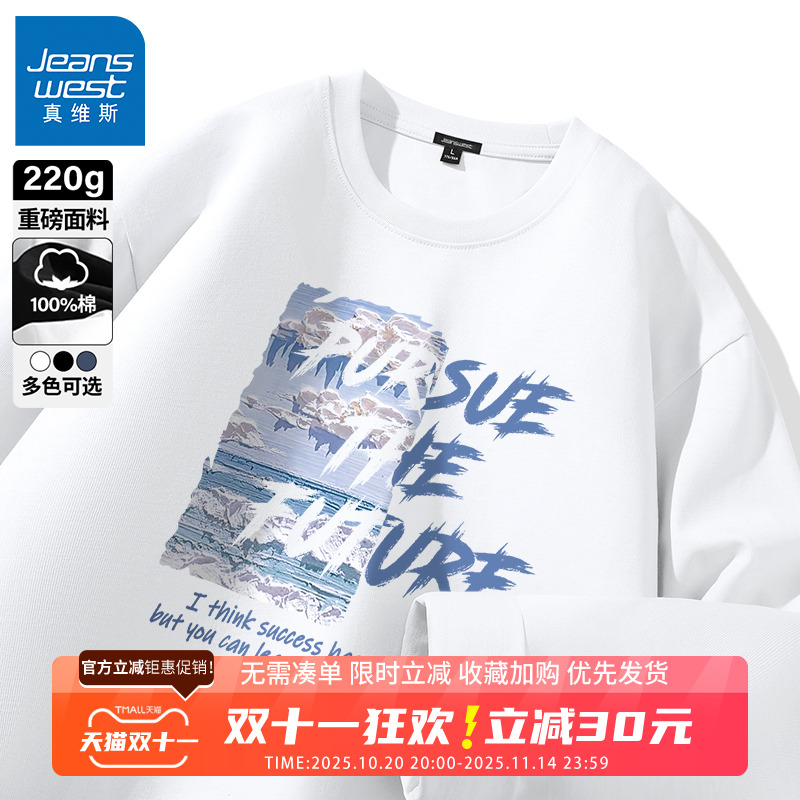 GV纯棉长袖t恤男2024春秋新款男生重磅高级感宽松大码圆领体恤衫B