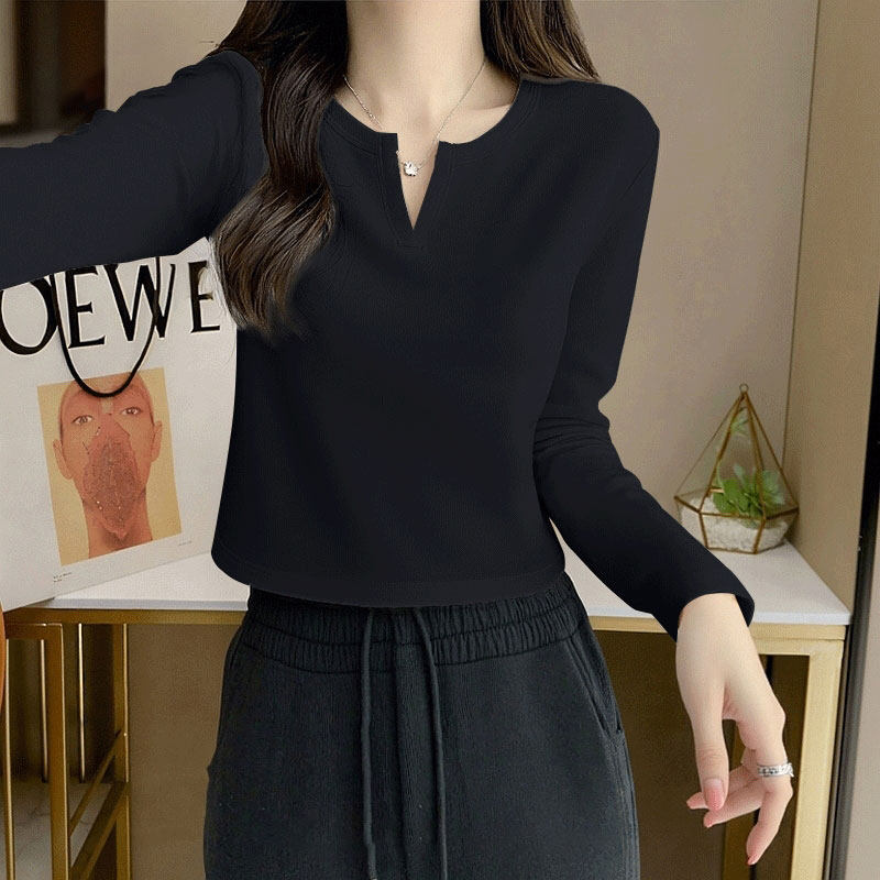 NOA真维斯黑色长袖上衣女秋2026小v领气质百搭单穿内搭修身t