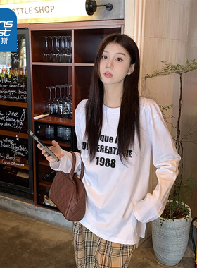 G2真维斯女装宽松休闲长袖t恤内搭2025秋季新品时尚印花美式衣服