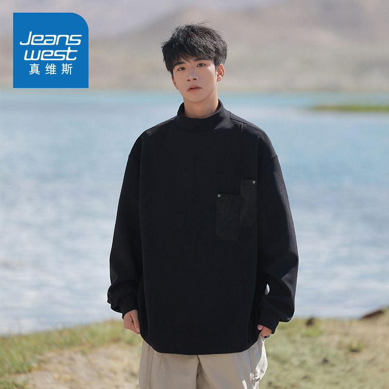 N5真维斯男士半高领卫衣2025秋冬季新款美式宽松德绒保暖男生上衣