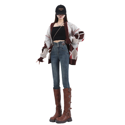 NG真维斯高腰牛仔裤女秋冬新款弹力排扣显瘦修身小脚加绒铅笔裤子