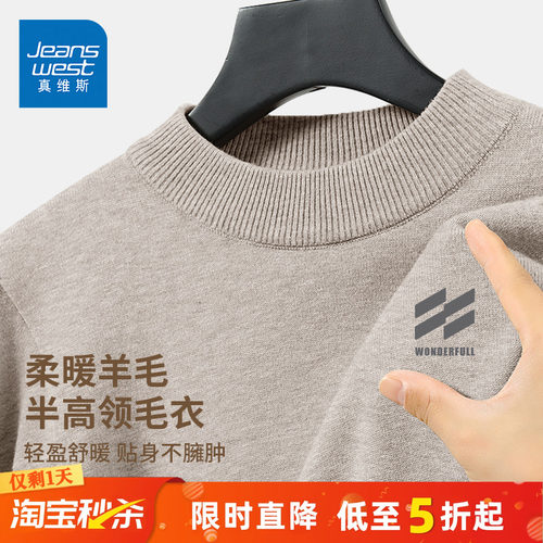 真维斯2025新款羊毛半高领毛衣男