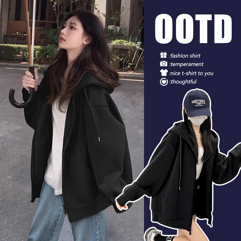 NOW真维斯黑色连帽卫衣女2025新款早秋美式大码高级感开衫外套女