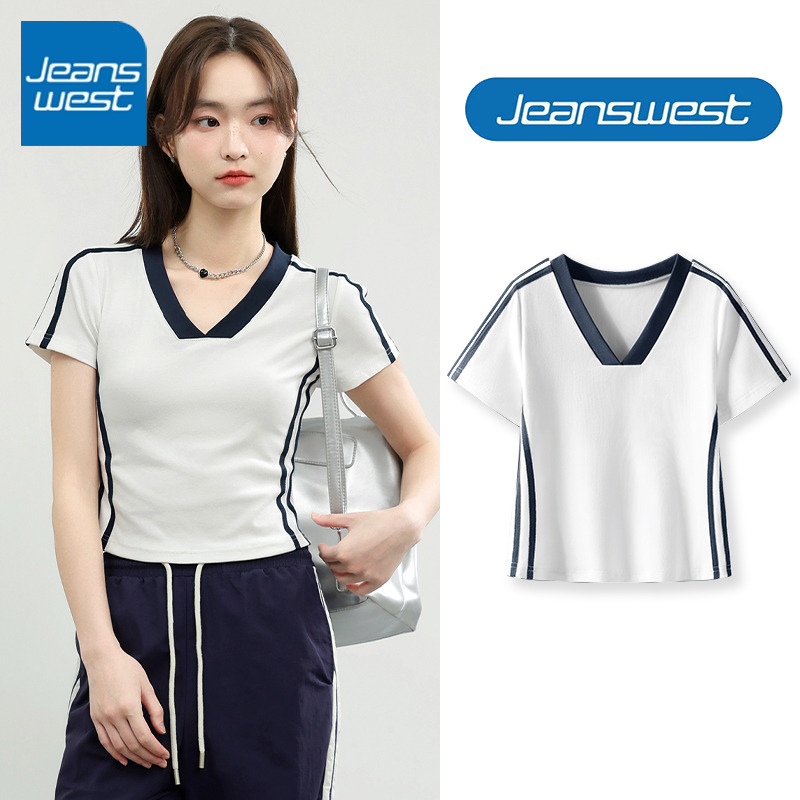 真维斯V领撞色短袖t恤女夏季2025