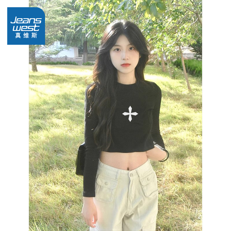 辣妹圆领修身显瘦短款长袖t恤女