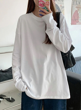 NOW真维斯纯棉白色长袖t恤女2025新款秋冬内搭简约打底衫上衣圆领