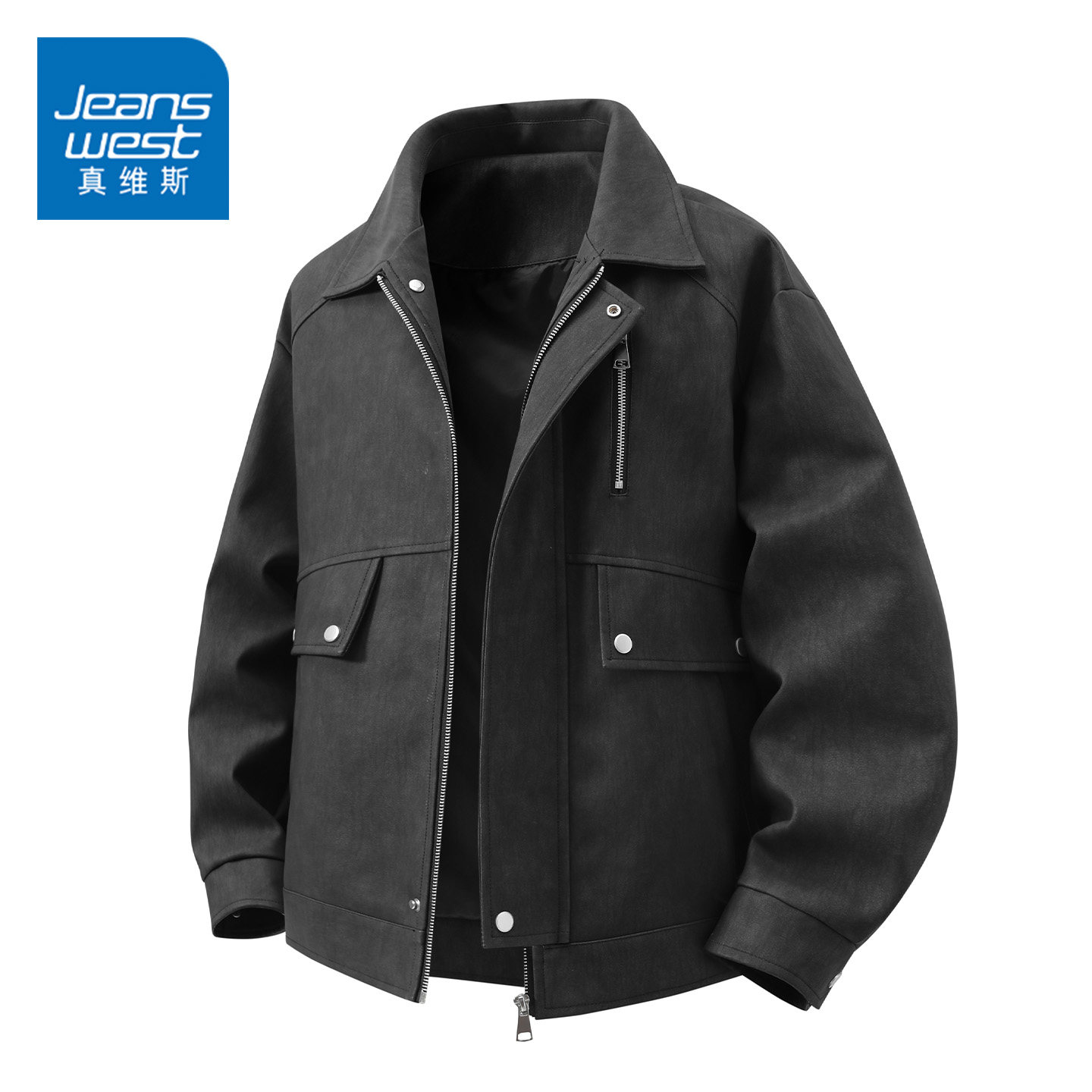 GQ真维斯潮牌美式水洗翻领皮衣夹克男士秋冬季高级感休闲外套上装