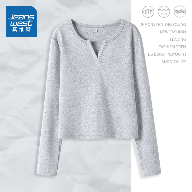 JR真维斯灰色T恤女2025新款秋季紧身长袖上衣V领设计感内搭打
