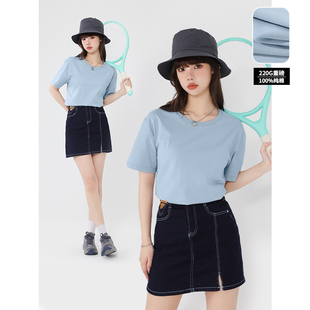 蓝色纯色上衣女 KMV真维斯纯棉短袖 t恤女2025新款 夏季 正肩宽松韩版