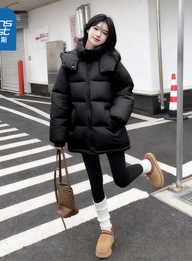 NOW真维斯黑色棉袄女款2025新款冬连帽巨好看的冬装外套保暖棉服