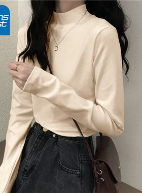 KCV真维斯半高领薄绒打底衫女2025新款冬季杏色t恤内搭长袖上衣服