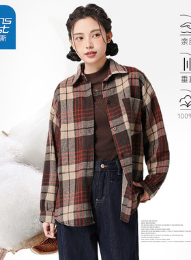 GC真维斯正品红色纯棉格纹衬衫女2025新款长袖外套高级感上衣修身