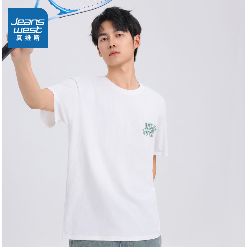 TM真维斯男女同款2025夏季新款 简约印花宽松半袖上衣纯棉短袖