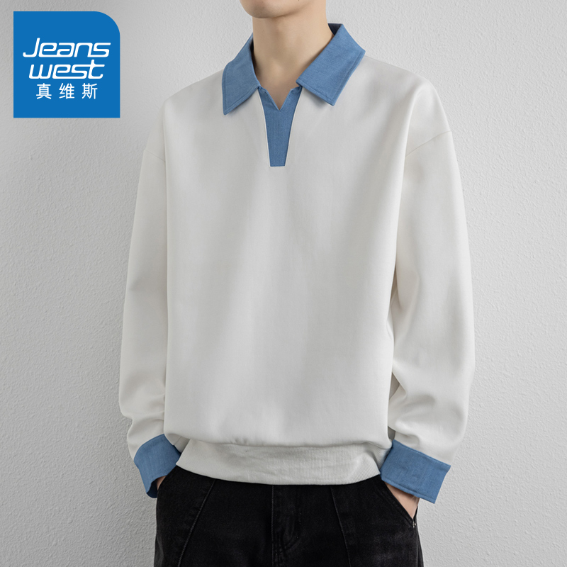 N5真维斯男士卫衣2025秋季新款美式翻领假两件舒适宽松男生上衣服