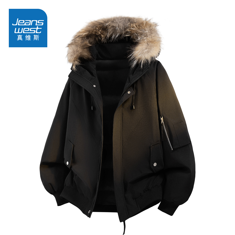 N5真维斯连帽羽绒服男2025新款冬季情侣装大毛领飞行派克冬装外套