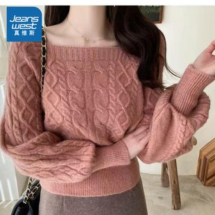 LE真维斯女装甜美宽松套头毛衣 2025冬季新品 方领扭花女款上衣