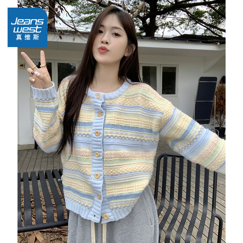 LE真维斯小清新女装宽松圆领毛衣外套 2026春季新品甜美条纹开