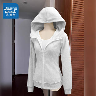 NOB真维斯灰色连帽卫衣女2026新款春季修身长袖上衣早春开衫外套