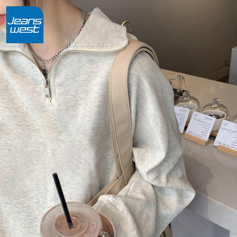 KV真维斯美式半拉链polo翻领灰色卫衣女春秋薄款韩版宽松套头上衣