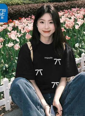 NG真维斯黑色短袖T恤女2025夏季新款圆领宽松休闲重磅纯棉打底衫