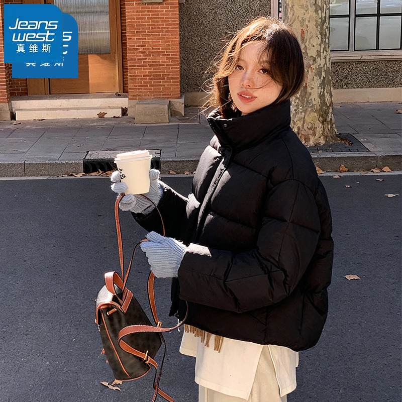 真维斯黑色立领短款棉服冬装外套