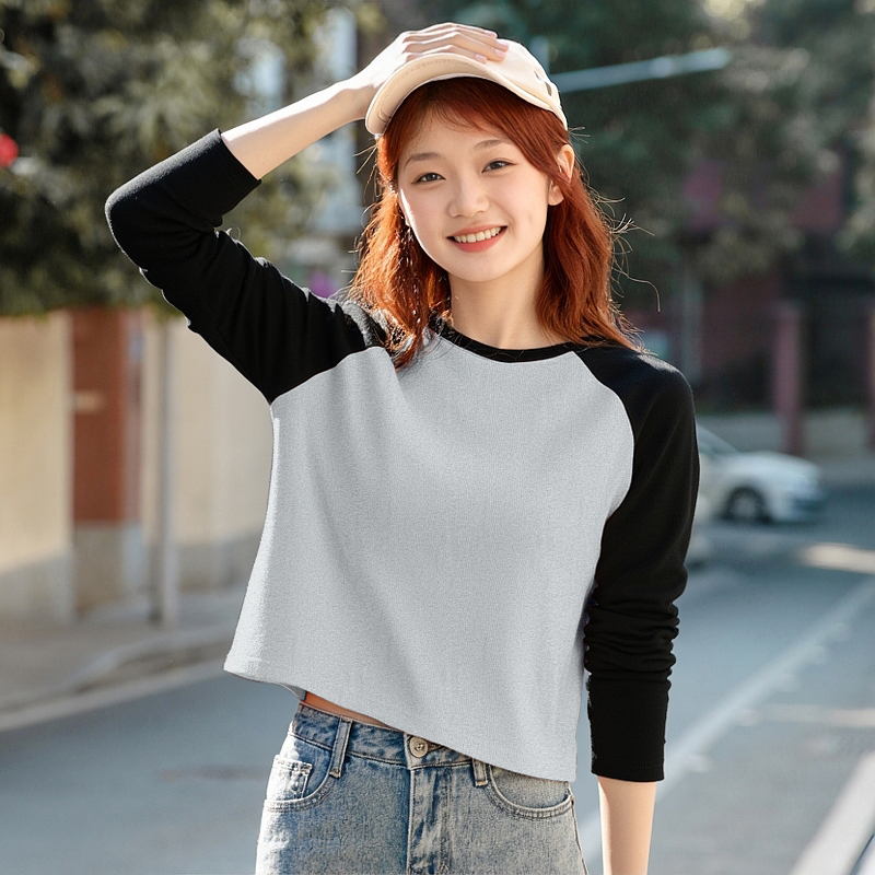 KWV真维斯撞色长袖t恤女2025新款早秋小个子短款内搭打底衫上衣女