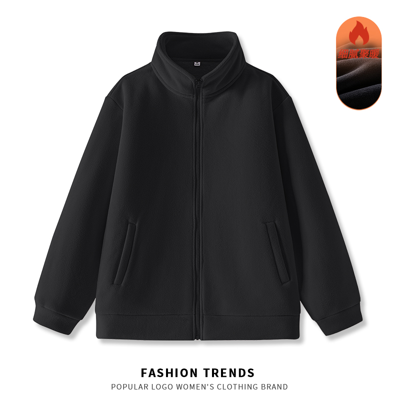 JR真维斯黑色外套女年秋冬奥粒绒加绒宽松立领拉链上衣